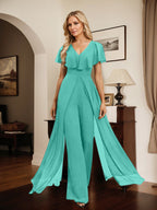 Jumpsuit/Hosenanzug, bodenlanges Chiffon-Abendkleid mit V-Ausschnitt