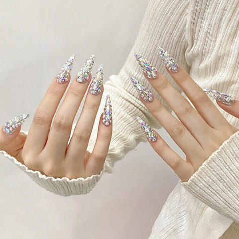 10pcs Full Shiny Diamond Handmade False Nails Light Luxury Long Pointed Press On Nails Full Cover Y2k Fake Nail New Year Gifts