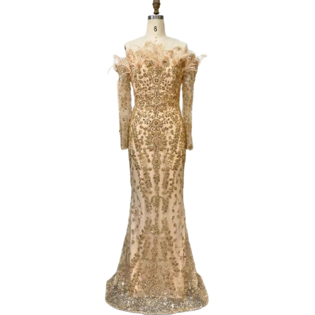 Luxuriöses, grünes Abendkleid mit langen Ärmeln, Federn und Perlenbesatz aus Dubai LA72553