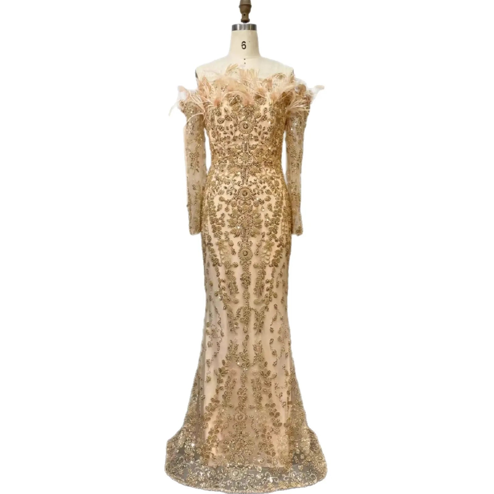 Luxuriöses, grünes Abendkleid mit langen Ärmeln, Federn und Perlenbesatz aus Dubai LA72553