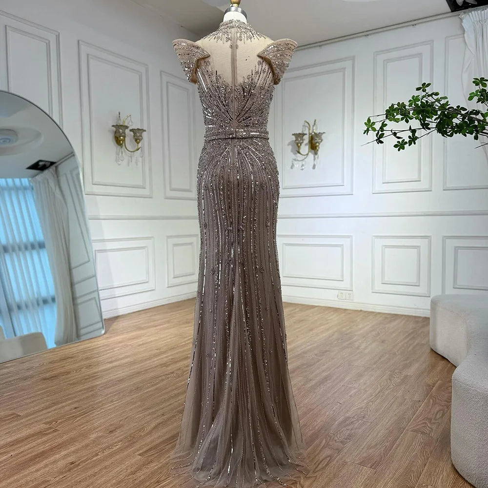 Vestido de noche de lujo color caramelo con cuentas y corte sirena LA73082 