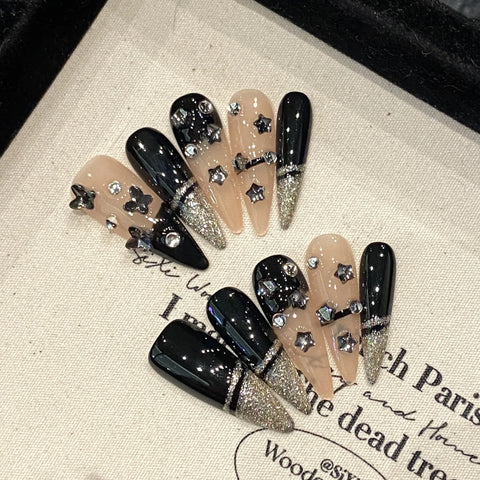10 Stück schwarze Press-On-Nägel im französischen Stil, handgefertigt, voller Flash-Strass-Dekor, leichte, luxuriöse künstliche Nägel für heiße Mädchen 