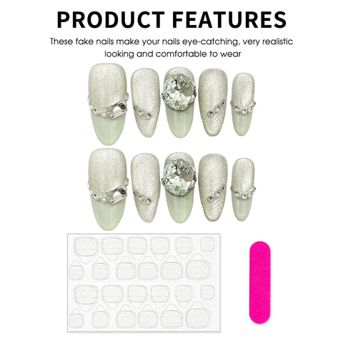 10pcs Summer Little Fresh Handmade Press On Nails Mint Green Cat's Eye Glossy Diamond Decor Fake Nails Simple French False Nail