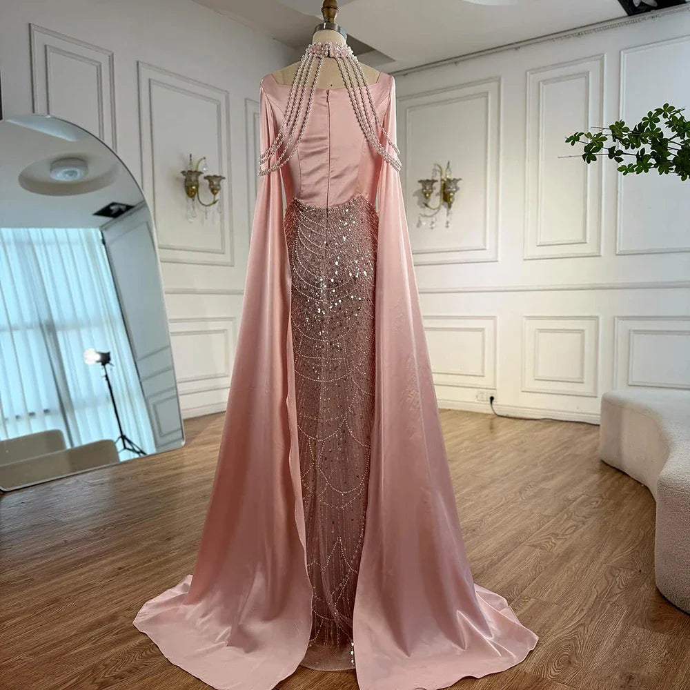 Luxuriöses rosa Abendkleid mit arabischen Perlen und Cape LA73051