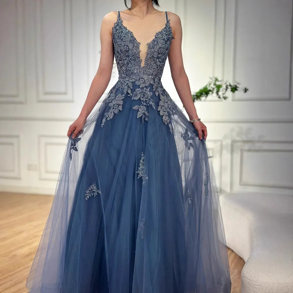 Vestido de fiesta de lujo de encaje verde salvia con tirantes finos, corte A, LA73005