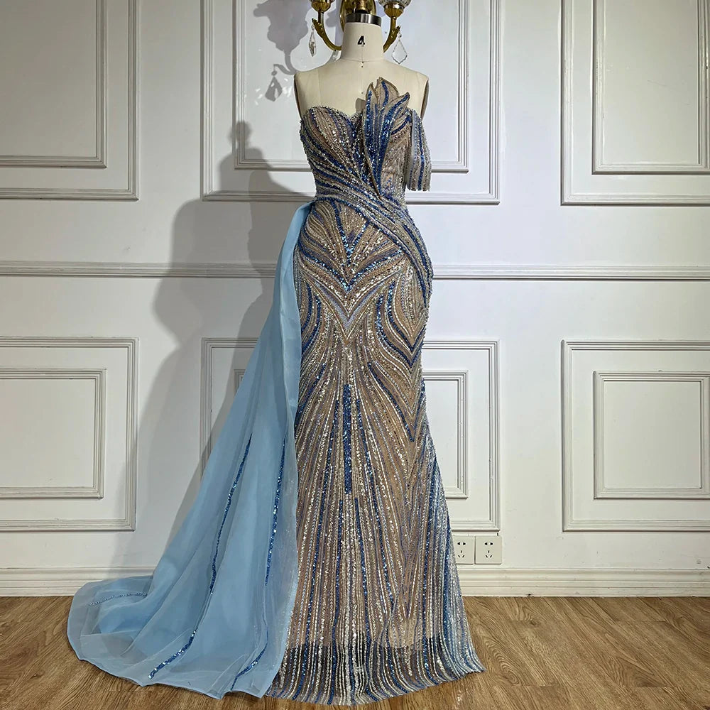Luxuriöses, arabisch-blaues Abendkleid aus Dubai mit asymmetrischem Rock, seitlichem Überrock und Perlenbesatz für Damenpartys LA72662 