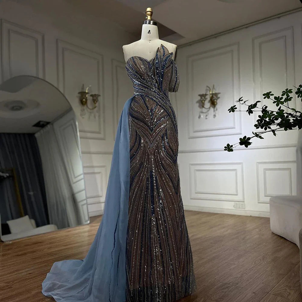 Luxuriöses, arabisch-blaues Abendkleid aus Dubai mit asymmetrischem Rock, seitlichem Überrock und Perlenbesatz für Damenpartys LA72662 