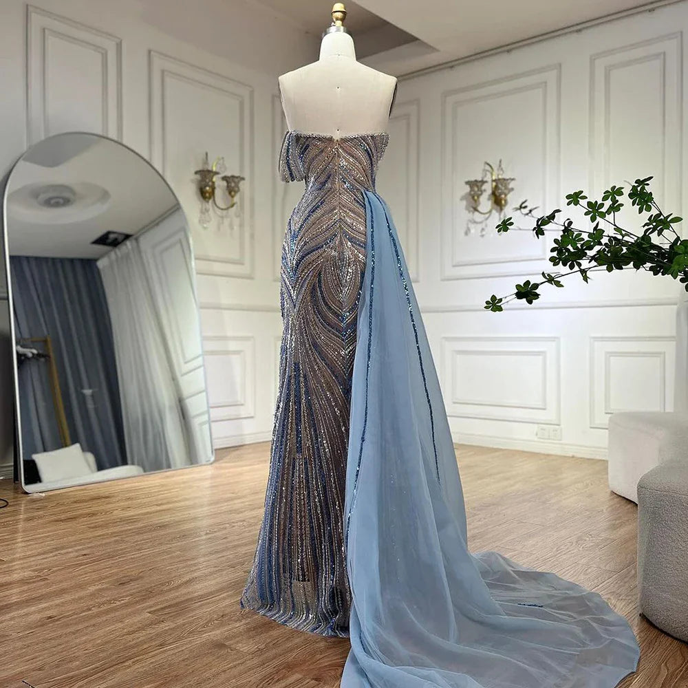 Luxuriöses, arabisch-blaues Abendkleid aus Dubai mit asymmetrischem Rock, seitlichem Überrock und Perlenbesatz für Damenpartys LA72662 