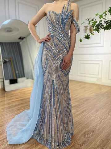Luxury Dubai  Arabic Blue One Shoulder Luxury Dubai Evening Gown with Side Overskirt Beaded Dress for Women's Party LA72662
