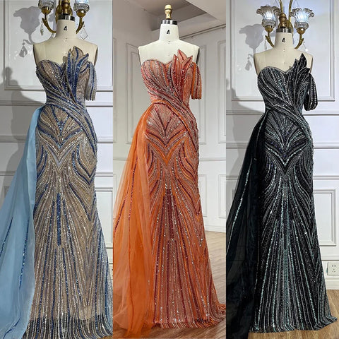 Luxury Dubai  Arabic Blue One Shoulder Luxury Dubai Evening Gown with Side Overskirt Beaded Dress for Women's Party LA72662
