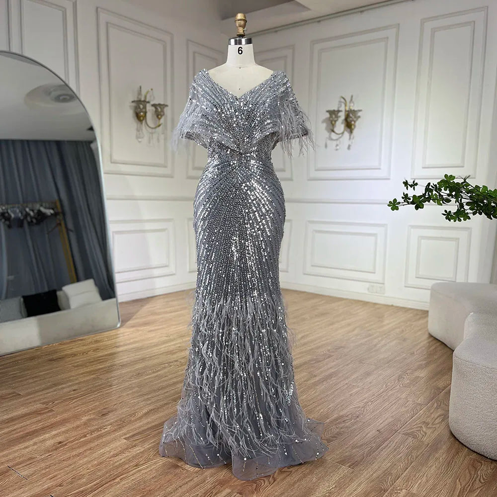 Luxuriöses arabisches rotes Meerjungfrauen-Abendkleid mit Federn und Perlenbesatz LA71323A