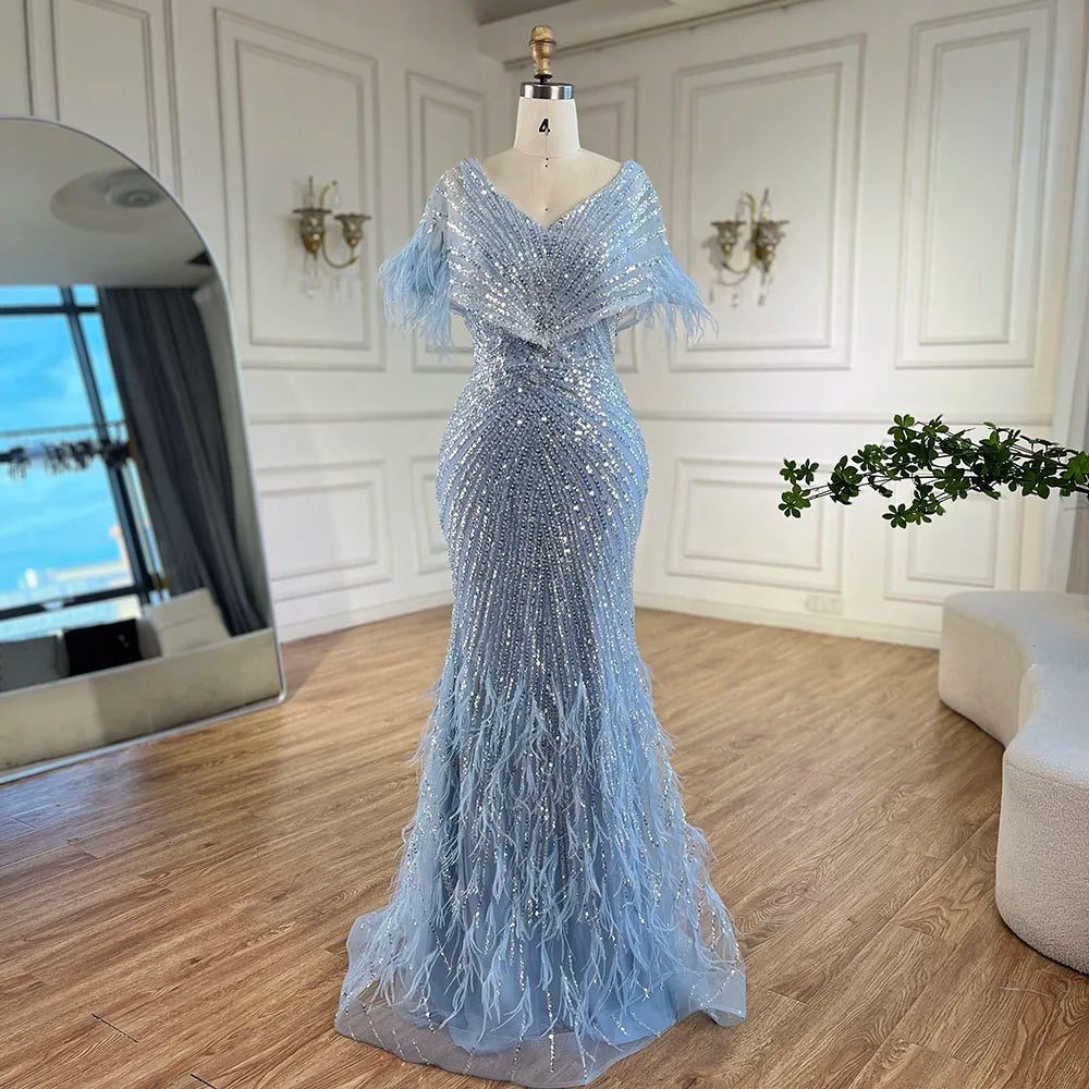 Luxuriöses arabisches rotes Meerjungfrauen-Abendkleid mit Federn und Perlenbesatz LA71323A