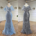 Luxuriöses arabisches rotes Meerjungfrauen-Abendkleid mit Federn und Perlenbesatz LA71323A
