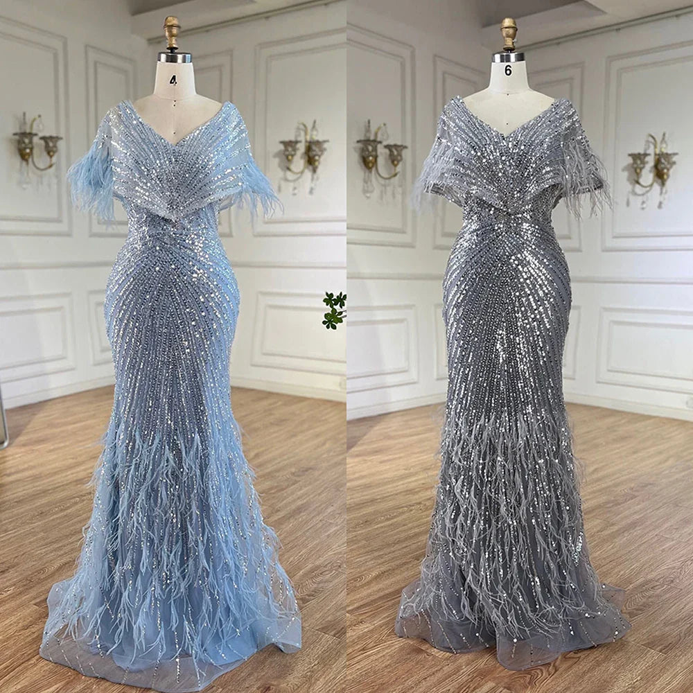 Luxuriöses arabisches rotes Meerjungfrauen-Abendkleid mit Federn und Perlenbesatz LA71323A