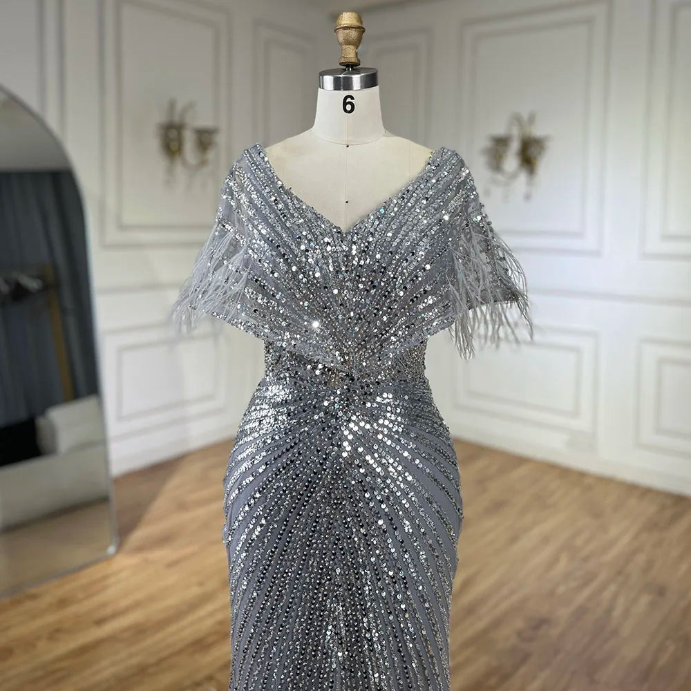 Luxuriöses arabisches rotes Meerjungfrauen-Abendkleid mit Federn und Perlenbesatz LA71323A