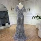 Luxuriöses arabisches rotes Meerjungfrauen-Abendkleid mit Federn und Perlenbesatz LA71323A