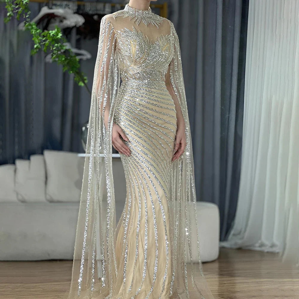 Luxuriöses arabisches Meerjungfrauen-Abendkleid in Nude mit Cape aus Dubai LA71885B 
