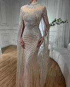 Luxuriöses arabisches Meerjungfrauen-Abendkleid in Nude mit Cape aus Dubai LA71885B 