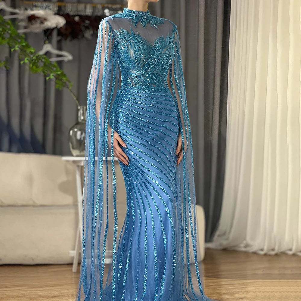 Luxuriöses arabisches Meerjungfrauen-Abendkleid in Nude mit Cape aus Dubai LA71885B 