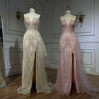 Vestido de noche de sirena con tirantes finos en rosa claro y sobrefalda de cuentas LA72378A