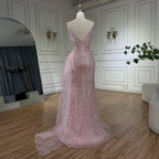 Vestido de noche de sirena con tirantes finos en rosa claro y sobrefalda de cuentas LA72378A