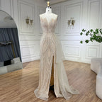 Vestido de noche de sirena con tirantes finos en rosa claro y sobrefalda de cuentas LA72378A