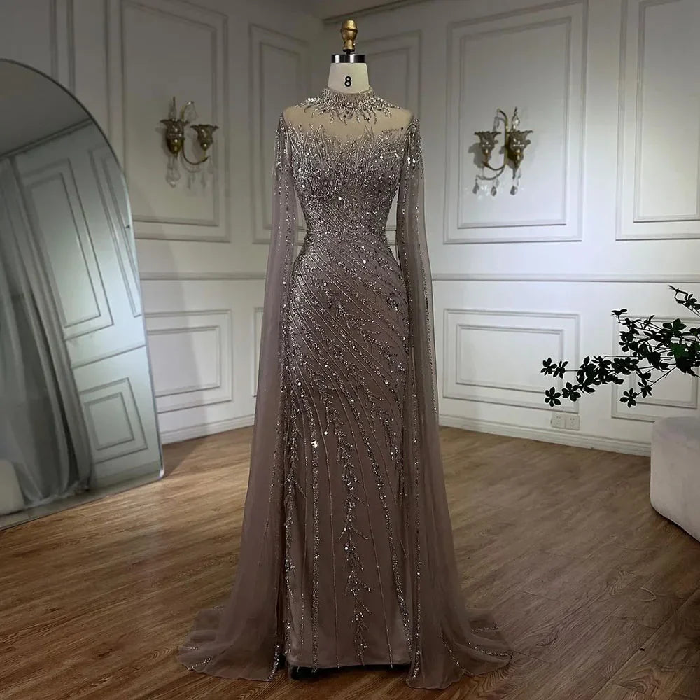 Luxuriöses, nudefarbenes Meerjungfrauen-Abendkleid mit Cape-Ärmeln LA71885A 