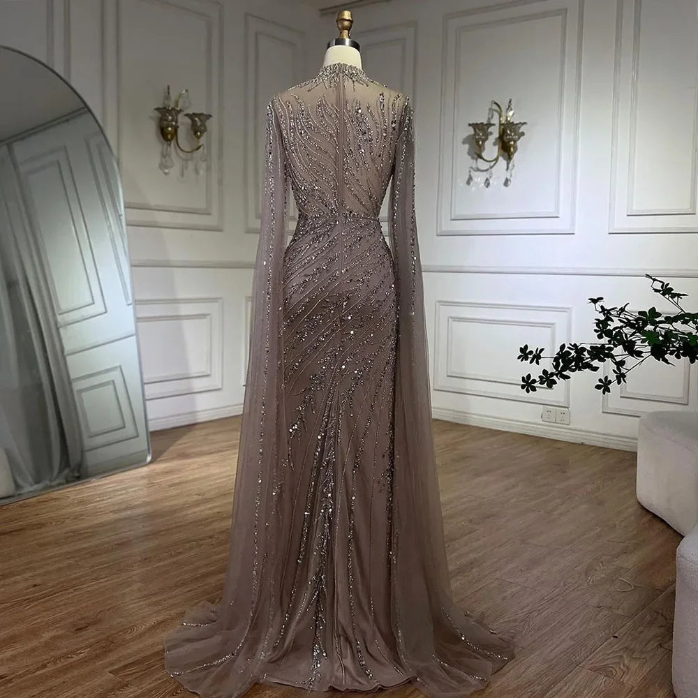 Luxuriöses, nudefarbenes Meerjungfrauen-Abendkleid mit Cape-Ärmeln LA71885A 