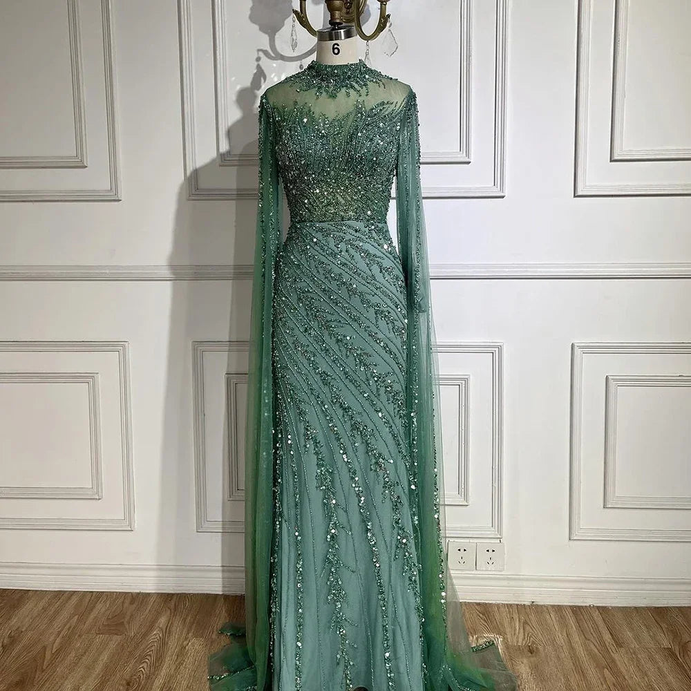 Luxuriöses, nudefarbenes Meerjungfrauen-Abendkleid mit Cape-Ärmeln LA71885A 