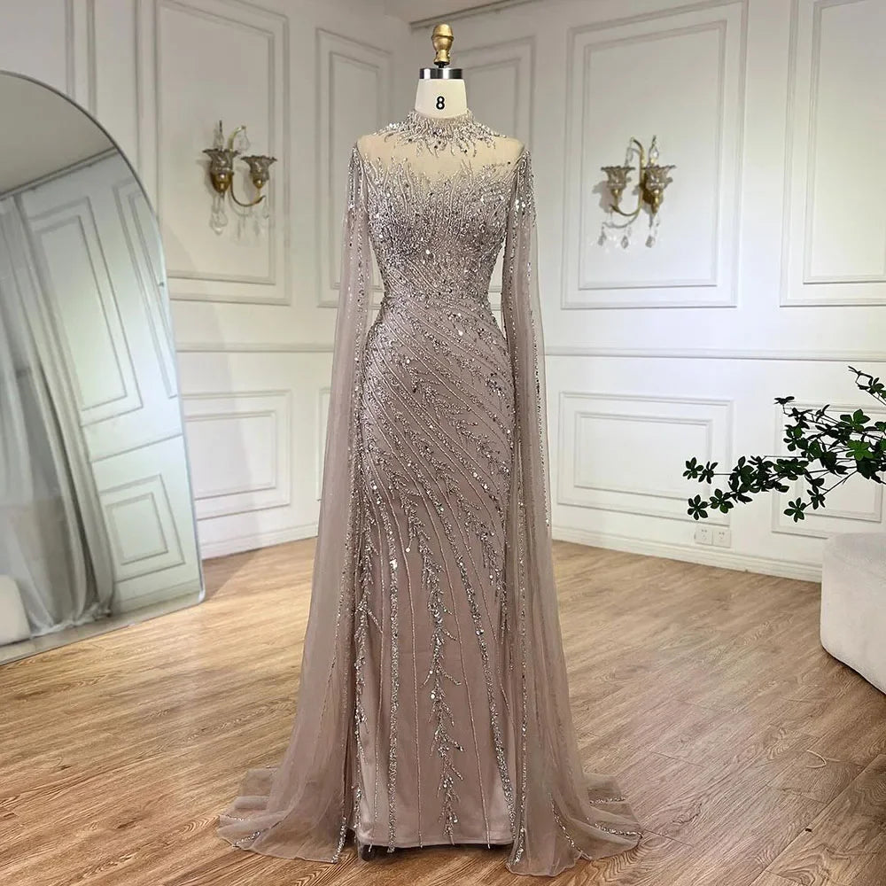 Luxuriöses, nudefarbenes Meerjungfrauen-Abendkleid mit Cape-Ärmeln LA71885A 