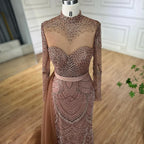 Luxuriöses braunes Meerjungfrauen-Abendkleid mit Perlenbesatz und seitlichem Überrock LA71913A