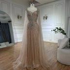 Dubai Luxus-Abendkleid mit hautfarbenen Cape-Ärmeln und Perlenbesatz LA72575A