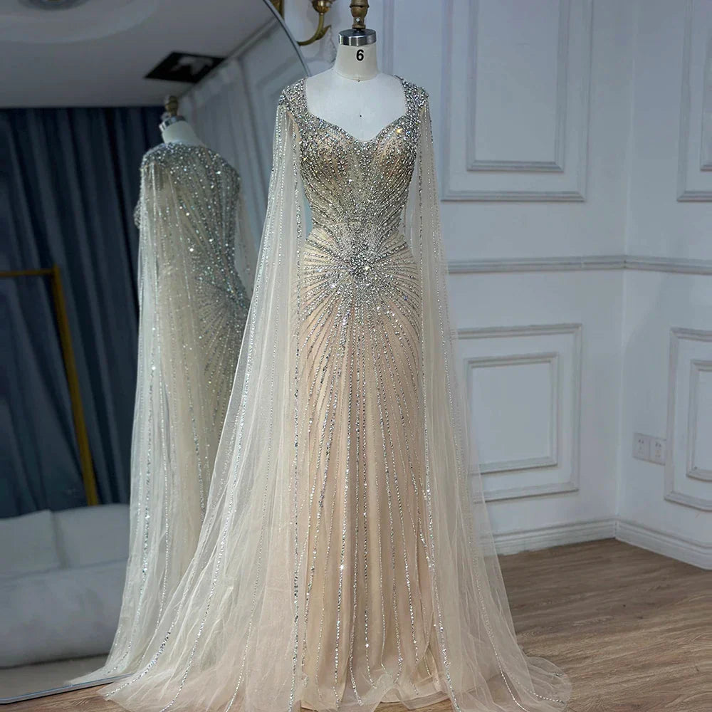 Dubai Luxus-Abendkleid mit hautfarbenen Cape-Ärmeln und Perlenbesatz LA72575A