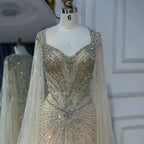 Dubai Luxus-Abendkleid mit hautfarbenen Cape-Ärmeln und Perlenbesatz LA72575A
