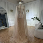 Dubai Luxus-Abendkleid mit hautfarbenen Cape-Ärmeln und Perlenbesatz LA72575A