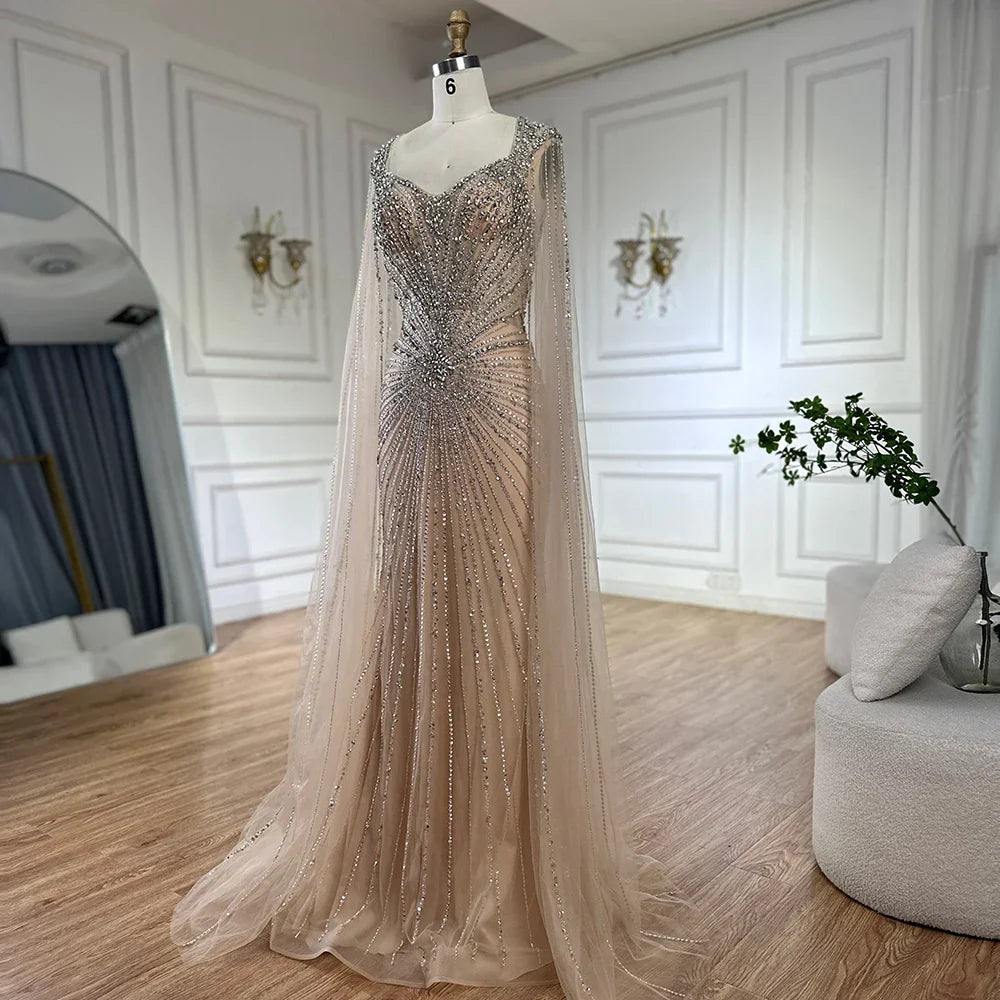 Dubai Luxus-Abendkleid mit hautfarbenen Cape-Ärmeln und Perlenbesatz LA72575A