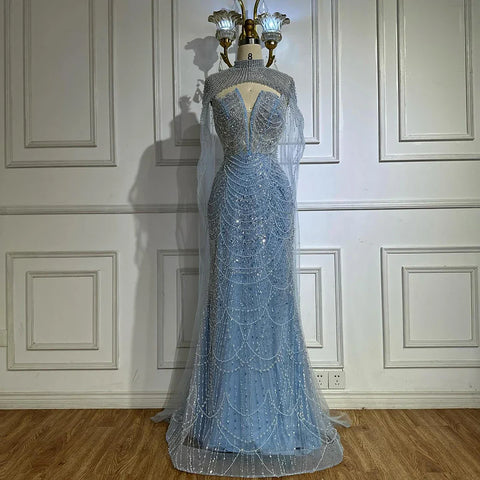 Luxury Evening Dress Nude Pearls Beaded Gown With Tulle Train LA72189A