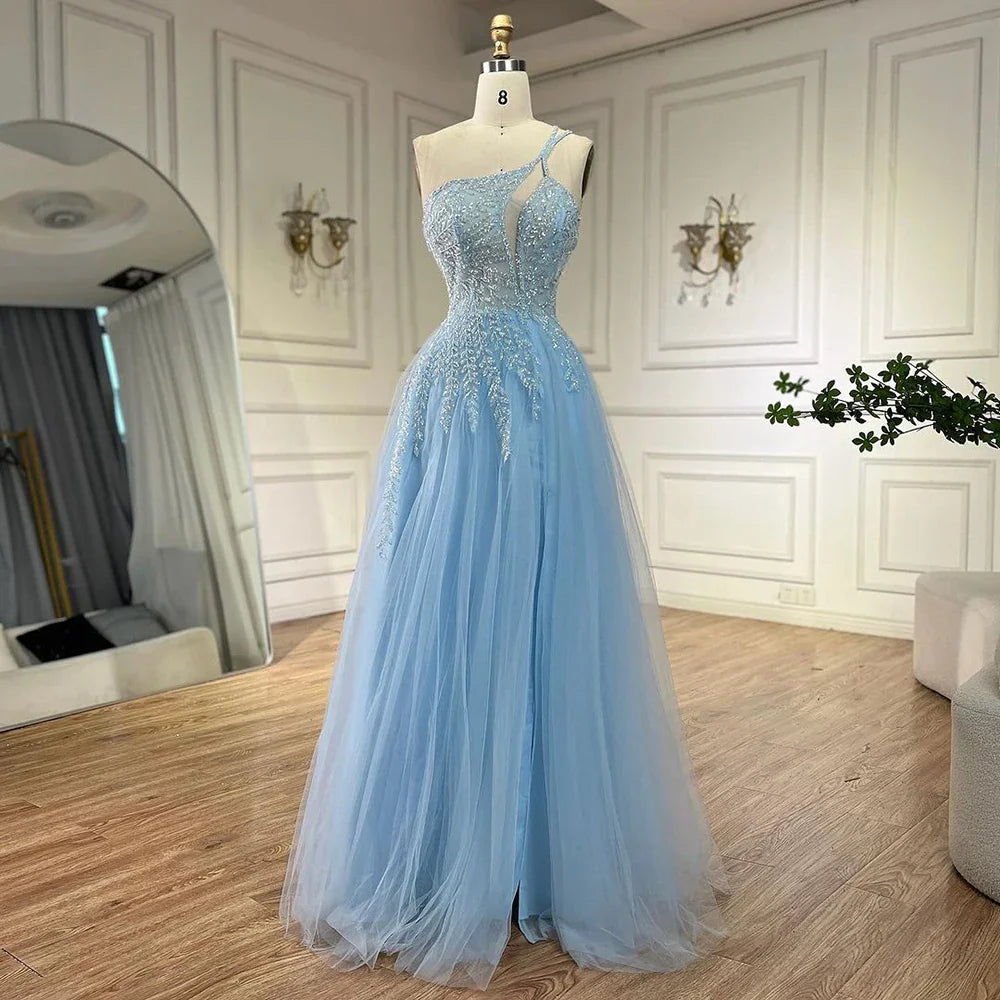 Serene Hill blaues A-Linien-Abendkleid mit Spaghettiträgern und One-Shoulder-Schnitt, Modell 2025, LA72589 