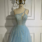 Serene Hill blaues A-Linien-Abendkleid mit Spaghettiträgern und One-Shoulder-Schnitt, Modell 2025, LA72589 