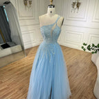 Serene Hill blaues A-Linien-Abendkleid mit Spaghettiträgern und One-Shoulder-Schnitt, Modell 2025, LA72589 