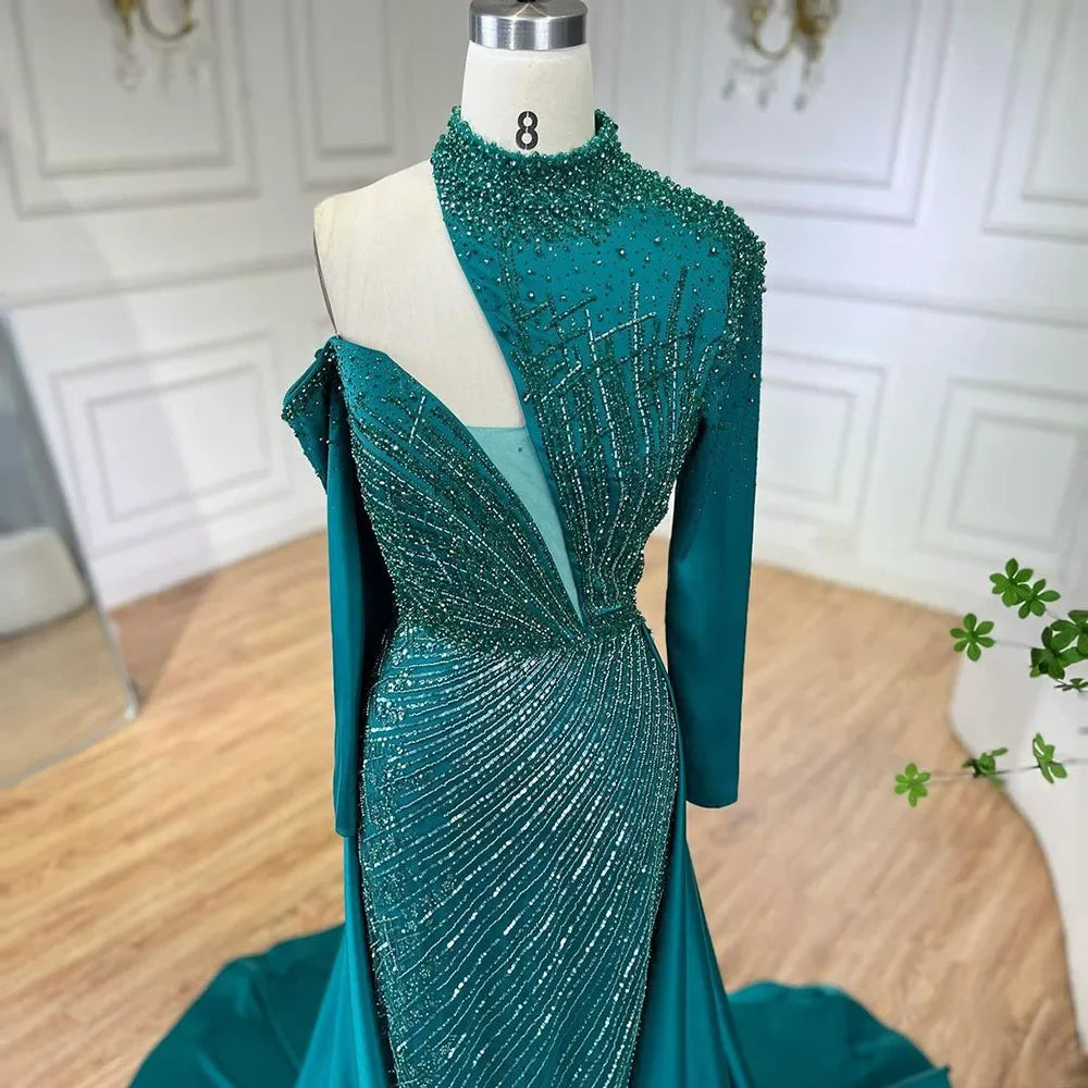Serene Hill Arabic Green Elegant Mermaid One Shoulder Beaded Luxury Dubai Evening Dresses Gowns For Women Wedding Party