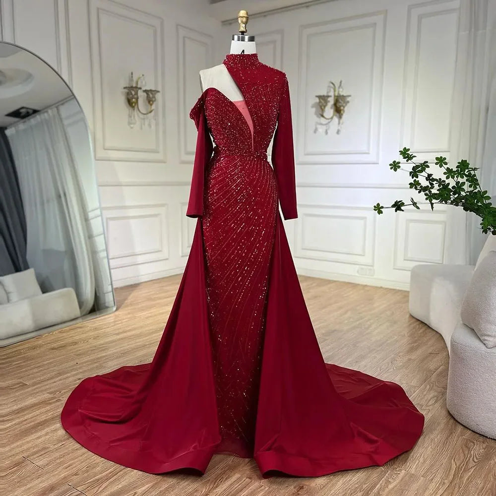 Serene Hill Arabic Green Elegant Mermaid One Shoulder Beaded Luxury Dubai Evening Dresses Gowns For Women Wedding Party