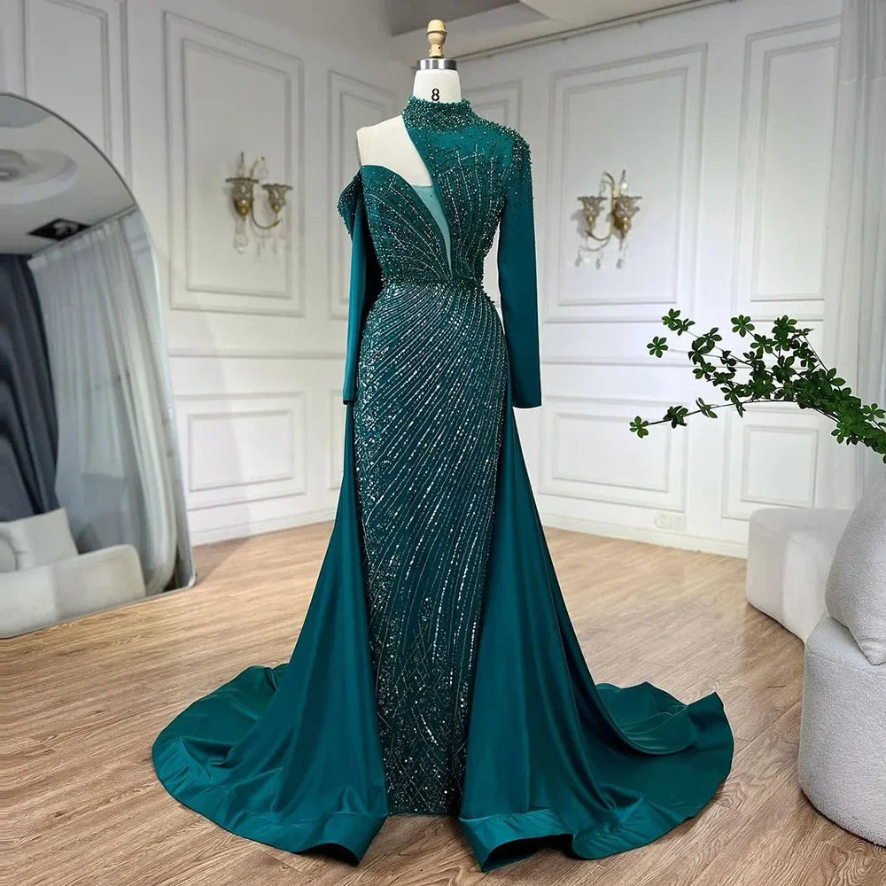 Serene Hill Arabic Green Elegant Mermaid One Shoulder Beaded Luxury Dubai Evening Dresses Gowns For Women Wedding Party