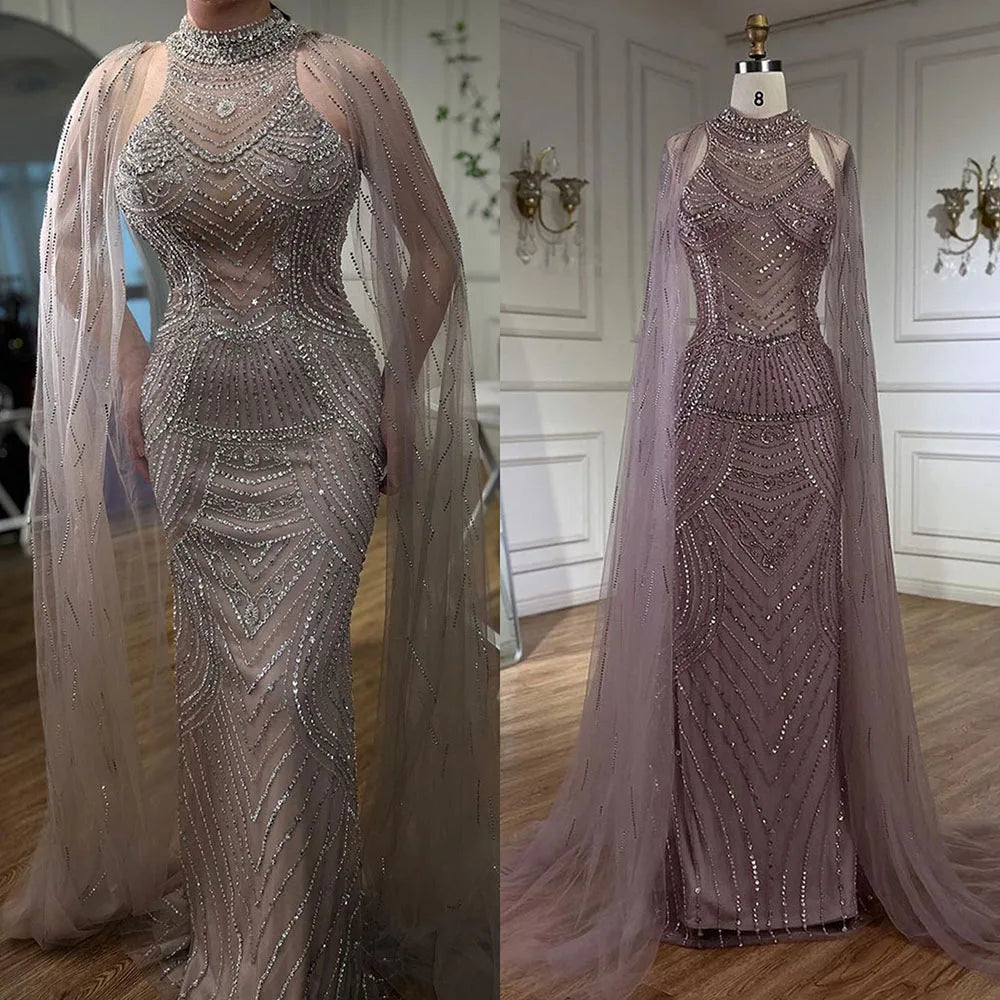 Luxuriöses, karamellfarbenes Meerjungfrauen-Abendkleid mit Perlenbesatz und Cape-Ärmeln aus Dubai, LA72138