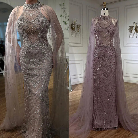 Luxury Dubai Caramel Beaded Mermaid Evening Dress with Cape Sleeves LA72138