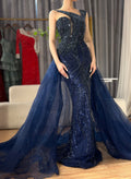 Luxury Dubai   Nude Mermaid Green Evening Gown with Elegant One Shoulder Overskirt for Formal Occasion LA72031A
