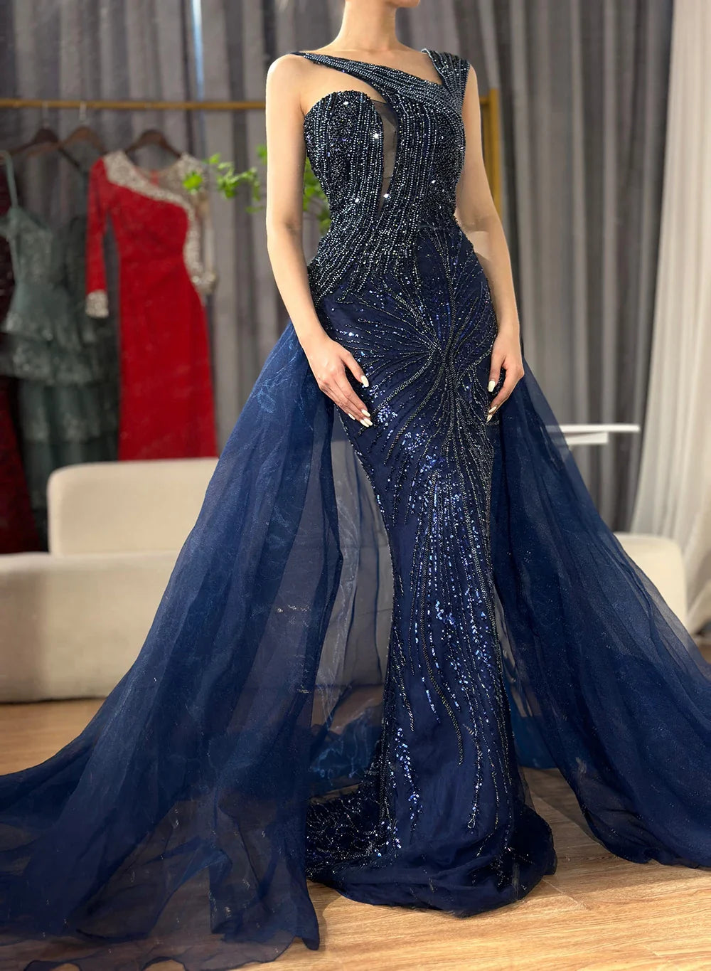 Luxury Dubai   Nude Mermaid Green Evening Gown with Elegant One Shoulder Overskirt for Formal Occasion LA72031A