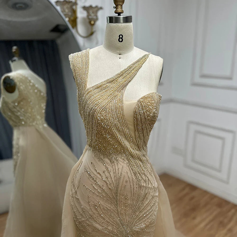Luxury Dubai   Nude Mermaid Green Evening Gown with Elegant One Shoulder Overskirt for Formal Occasion LA72031A