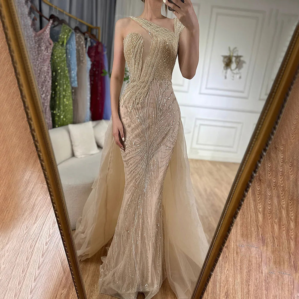 Luxury Dubai   Nude Mermaid Green Evening Gown with Elegant One Shoulder Overskirt for Formal Occasion LA72031A