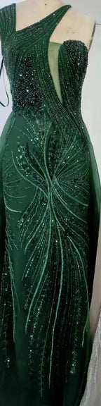 Luxury Dubai   Nude Mermaid Green Evening Gown with Elegant One Shoulder Overskirt for Formal Occasion LA72031A